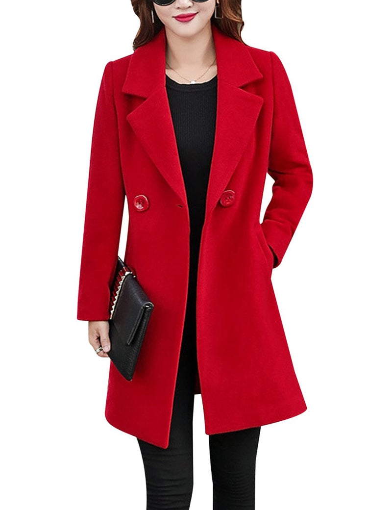 Tanming Womens Elegant Notched Collar Button Wool Blend Solid Long Pea Coat Overcoat (Red-S) - Image 1